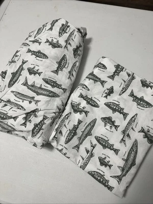 Twin Patterned Fitted and Flat Sheets Green Fish  with Names- Eddie Bauer Home - Image 1 of 4