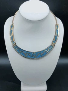 Collar de Plata Alpaca México Incrustación de Piedra Turquesa Gargantilla Panel Babero De Colección  - Imagen 1 de 6