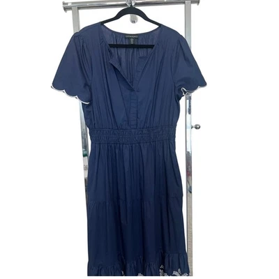 Vestido midi Cynthia Rowley azul marino bordado en capas XL manga corta cuello en V Foto 1 de 4