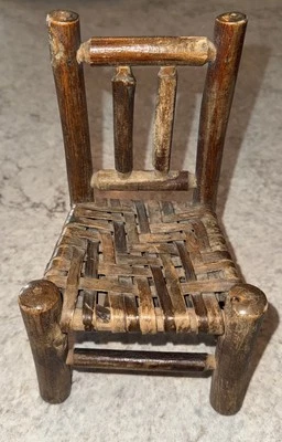 Vintage Miniature 8.5 In Doll Chair Woven Seat Shaker Rough Rustic Brown - Image 1 of 4