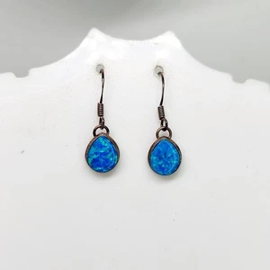 Vintage 925 Sterling Silber Träne Blau Feueropal Ohrhänger Haken Tropfen - Bild 1 von 8