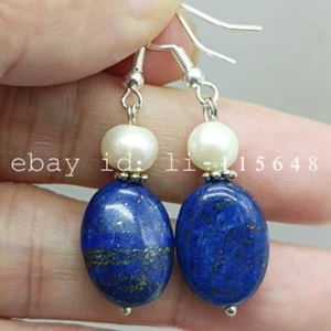 Beautiful 6-7mm White Pearl & 13x18mm Oval Blue Lapis Lazuli Bead Earrings Gift - Picture 1 of 4