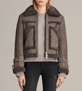 ALLSAINTS Women’s Asher Shearling Leather Biker Jacket Grey Size XS $1320+ NEW - Picture 1 of 12