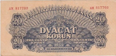 Czechoslovakia 20 Korun 1944 VF NOT Perforated - Image 1 of 2
