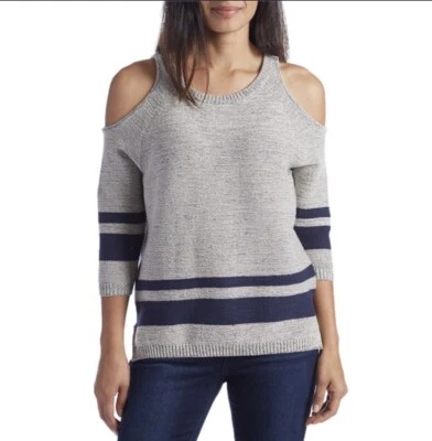 RVCA Women Cold Shoulder Cut Out Pullover Sweater Small Women’s Gray Navy Foto 1 de 4