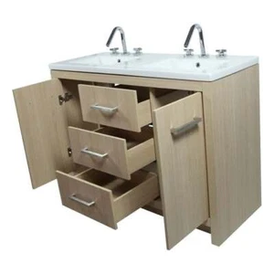 48" Double Sink Vanity In Neutral Finish with White Ceramic Top - Picture 1 of 5