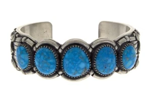 Natural Kingman Turquoise Row Bracelet By Navajo Artist Derrick Gordon - Picture 1 of 5