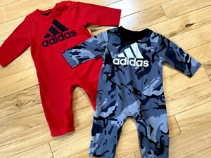 ADIDAS Two One Piece Outfits Sz 9 Month Infant 100% Cotton Red - Black Gray Camo - Picture 1 of 5