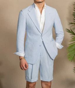 Blue Men Seersucker Suit Summer Beach Casual Groom Tuxedo Wedding Blazer Shorts - Picture 1 of 12