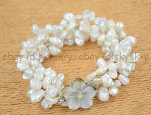 4 Rows 8-10mm White Natural Freshwater Baroque Pearl Bracelet 7.5'' Shell Clasp - Picture 1 of 4