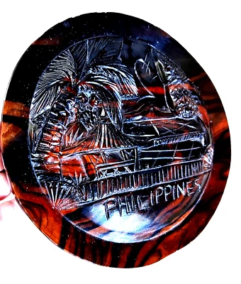 Philippines 3D Wood Carved Round Plate Brown Semi-Glossy Ethnic 8.25" dia.  New - Imagem 1 de 4