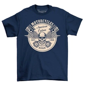 Men's Motorcycle T-Shirt Skull & Wings American Custom Motorbike Slogan Shirt - Picture 1 of 6