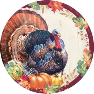 Thanksgiving Harvest Turkey 9-inch Plates Paper 8 Per Pack Fall Tableware - Picture 1 of 1