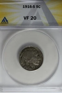 1916-S .05 ANACS VF 20 Buffalo Nickel, Indian Nickel, 5 Cent Piece - Picture 1 of 2
