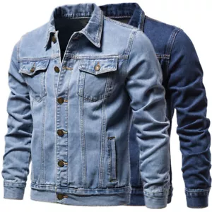 Coat Cotton Denim Jacket Men Casual Lapel Single Breasted Jean Jacket Slim Cargo - Picture 1 of 16