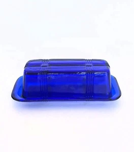 Vintage Hazel Atlas glass butter dish CRISS CROSS cobalt blue plaid MCM retro - Picture 1 of 15