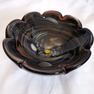 Murano Sommerso Black Multicolored Swirl Scalloped Glass Bowl - Picture 1 of 12