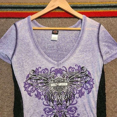 Camisa Harley Davidson Floral Encaje Estrás Mujer 2X-Grande Negro Lobo Virginia Foto 1 de 4