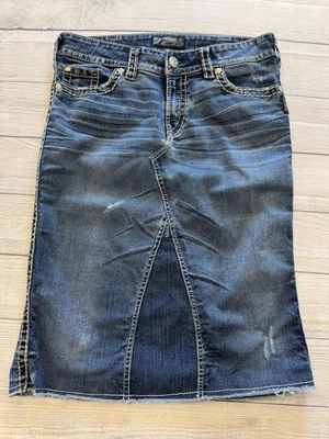 Silver Jeans Skirt Womens 32 Blue Denim Suki Surplus Distressed Raw Hem Western - Image 1 of 4