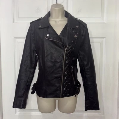 Members Only Vegan Leather Jacket Zip Black Womens S Moto Biker Lace Up Buckles - Image 1 of 4