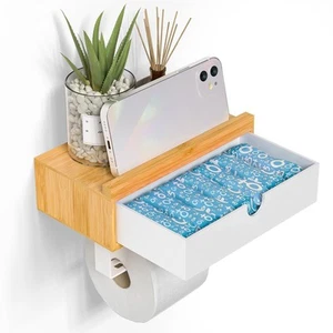 Bamboo Wood Toilet Paper Holder with Shelf - Wall Mount/Adhesive Bathroom Toi... - Picture 1 of 7