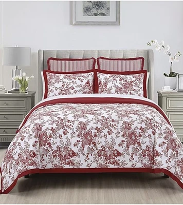 Juego de edredón Laurel Manor Toile Garden 4 piezas rojo multi floral tamaño king Foto 1 de 4