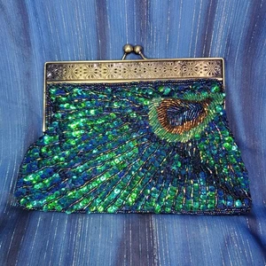 Bolso sin asas de noche azul pavo real con lentejuelas con cuentas Bolso de mano de fiesta ligeramente usado - Imagen 1 de 5