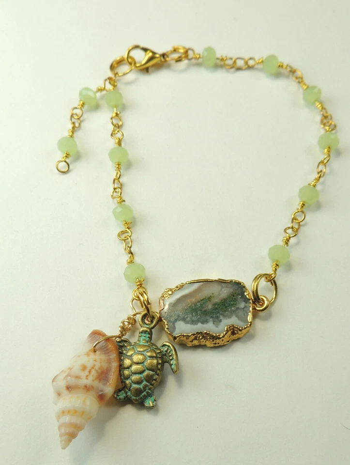 Crystal Chain Bracelet Solar Quartz Shell Patina Turtle Handmade  Beach Jewelry - Image 1 of 1