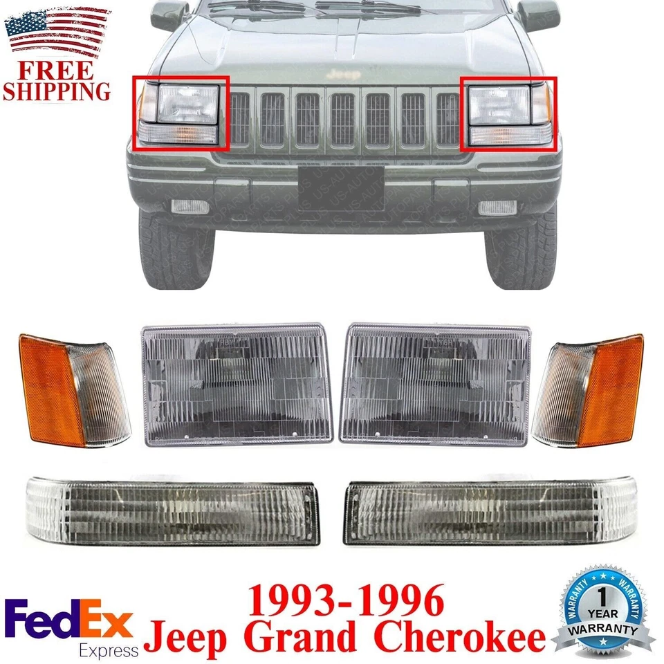Conjunto de faros + luces de esquina y señalización para Jeep Grand Cherokee 1993-1996 Foto 1 de 4
