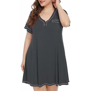V-Neck Button Short Sleeve Sleepwear Nightgown Nightshirt Pajama Dress Medium - Picture 1 of 4