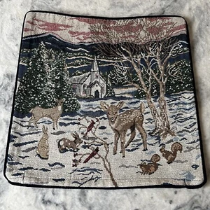 Vintage Christmas Xmas Reindeer Winter Church Scene Tapestry Zip Cushion Cover - Picture 1 of 16