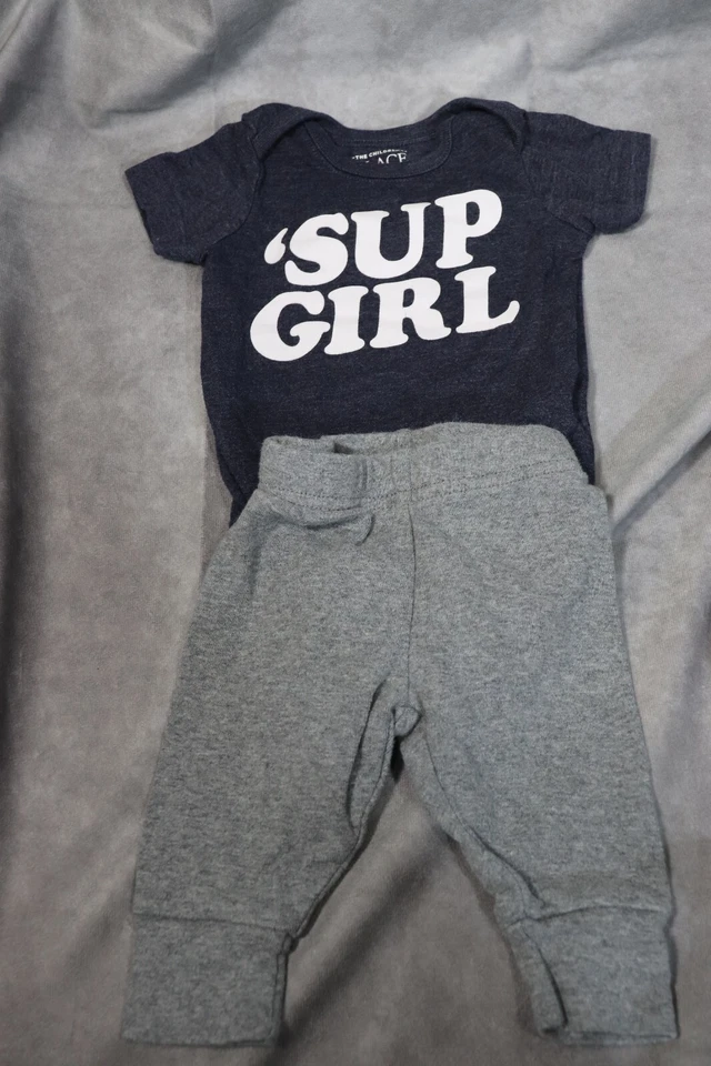 The Children's Place Boy's Gray Body Suit 'Sup Girl Gray Pants 0-3 Months - Image 1 of 3