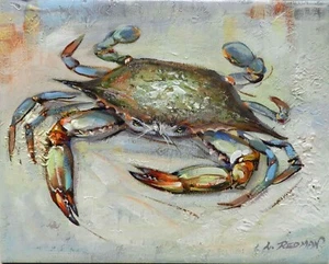 8x10 Blue Crab Original Stretched Canvas Oil Painting Wall Art Work - Picture 1 of 9