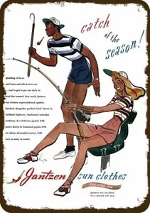 1945 JANTZEN Sun Clothes Fishing Fish Vintage-Look DECORATIVE REPLICA METAL SIGN - Picture 1 of 1