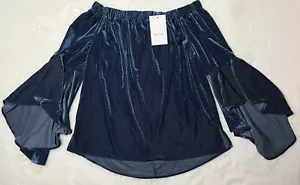 Rethm Shirt Off Shoulder Bell Sleeve Top Blue Stretch Corduroy Boho Women’s S - Picture 1 of 8