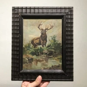 Kleines Gemälde Hirsch Malerei antik vintage ca. 1900-1930 alt Bild Ölbild - Picture 1 of 12