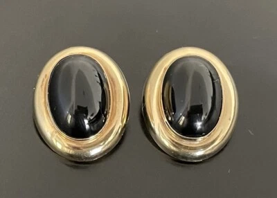 Серьги-гвоздики из чистого желтого золота 14 карат с большим овальным черным ониксом 6,4 г - Изображение 1 из 4