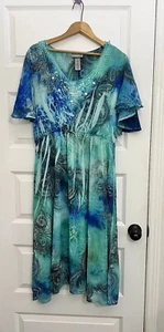 Catherine’s Kimono Sleeve Midi Dress Womens Sz 16 Turquoise Ocean Coastal Plus - Picture 1 of 14