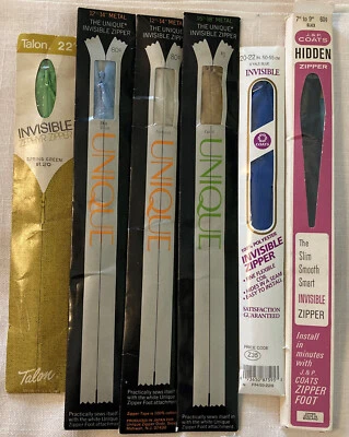 SEWING SUPPLIES: 6 NEW UNUSED INVISIBLE ZIPPERS VARIETY COLORS & LENGTHS - Image 1 of 4