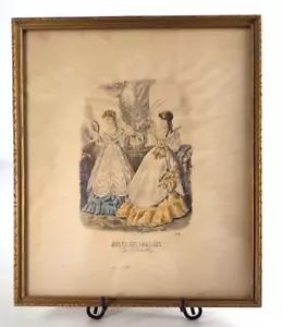 Antique Fashion Print Victorian Ladies Fancy Dresses Framed Hand Colored - Picture 1 of 11