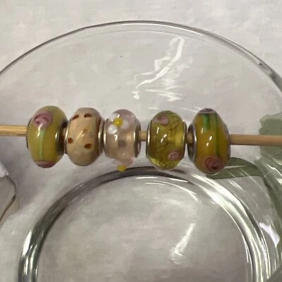 Lot Of (5) Pandora Murano Style 925 Glass Bead / Charms Multi Colored YELLOW #2 - Изображение 1 из 4