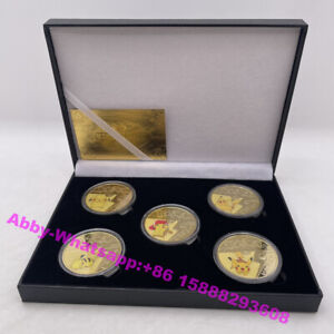 5 models Poke-man Coin Japan Anime Gold Commemorative Coin black gift box