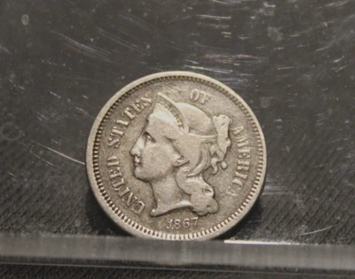 1867 Three Cent Piece Nickel ~ FINE  DETAILS  3c US Type Coin Collectible - Image 1 of 4