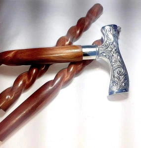 Bastón de madera en espiral con mango de cabeza plateada hermoso para hombres y mujeres - Imagen 1 de 7
