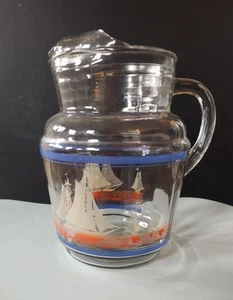 Vintage Hazel Atlas Glass Blue & Orange Sailboat Pitcher - Picture 1 of 3