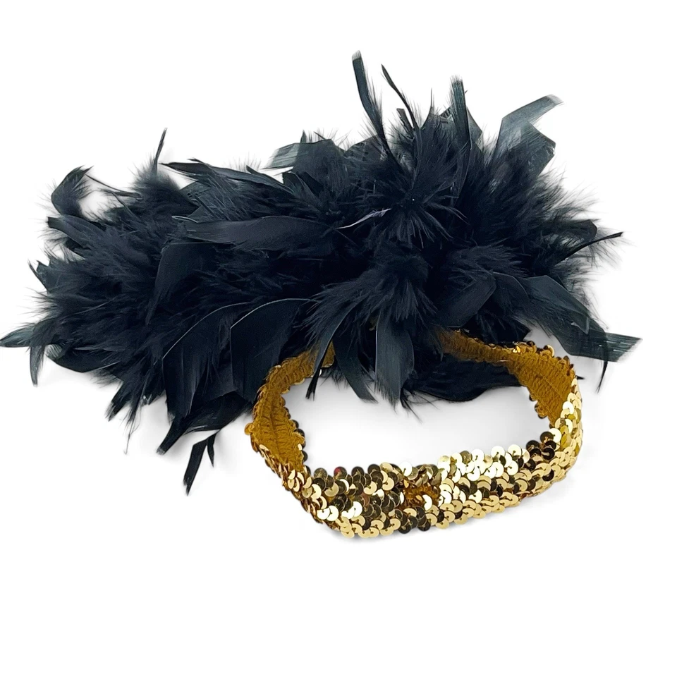 Vintage Burlesque Dancer Dance Costume Gold Sequin Headband Black Feathers - Image 1 of 4