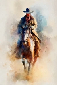 Watercolor Cowboy on Horseback IV by Buck Rawlins Western Art Print Ships Free - Picture 1 of 3