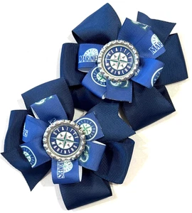 Beautiful Seattle Mariners inspired pigtail hairbows for girls. - Picture 1 of 3