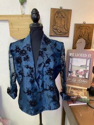 Chaqueta Blazer Alex Evenings De Colección Manga Transparente Floral Jacquard Ligera Negra Azul LP Foto 1 de 4