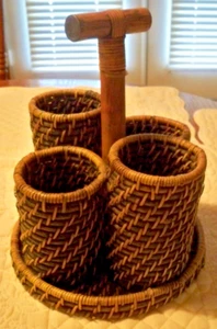 Wicker Rattan Organizer With Handle Round 4 Containers 8" D Base 9" Tall - Picture 1 of 6